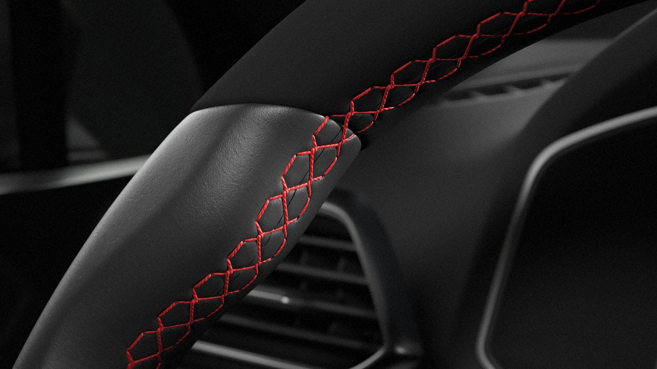Distopic Creative Studio, computer generated image and digital content. Steering wheel stitching detail. Tarraco FR PHEV.